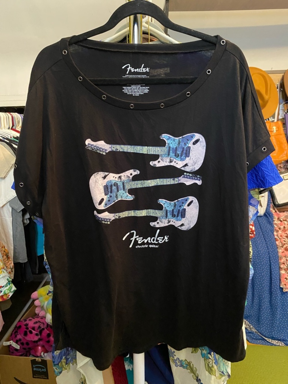 Fender Black Tee with White Logo and Electric Guitars